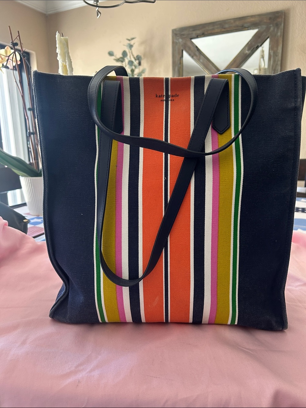 kate spade Navy Canvas Tote with Multicolor Vertical Stripes